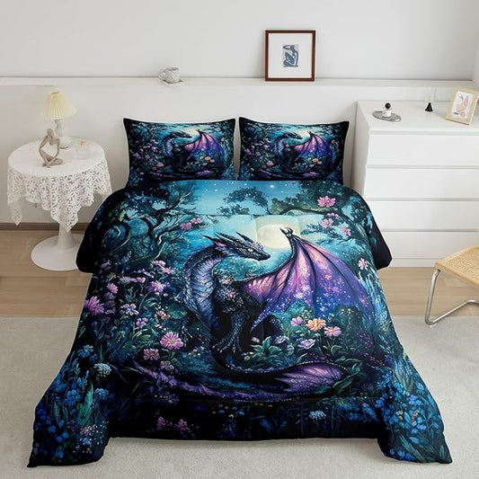 Feelyou Dragon Comforter Set Queen Size Comforter for Boys Girls Teens Wild Life Bedding Set Jungle Dragon Duvet Set Room Decor Balck Blue Quilt Set