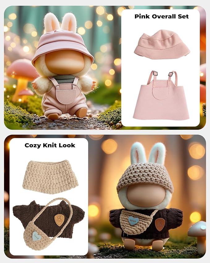 (4-Pack) 17cm Clothes Set, Black Plaid Outfit & Pink Plaid Dress Set with Bow Clip and Metallic Details, Cute Pink Clothing, Knitted Doll Clothes with Hat & Crossbody Bag for 17cm Doll