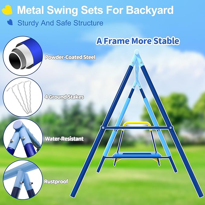 JYGOPLA 440lbs Kids Swing Set, 3-in-1 Outdoor Playground with Saucer Swing, Belt Seat & 4ft Trampoline, Heavy Duty A-Frame Metal Stand & Safety Stakes, Backyard Playset for Toddlers 3-8 Years Old