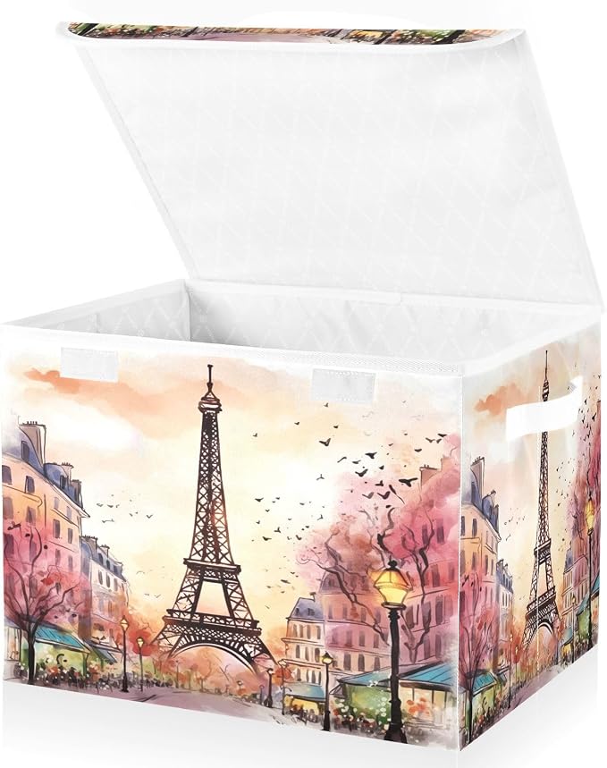Watercolor Paris Storage Bins with Lids and Carrying Handle,Foldable Storage Boxes Organizer Containers Baskets Cube with Cover for Home Bedroom Closet Office