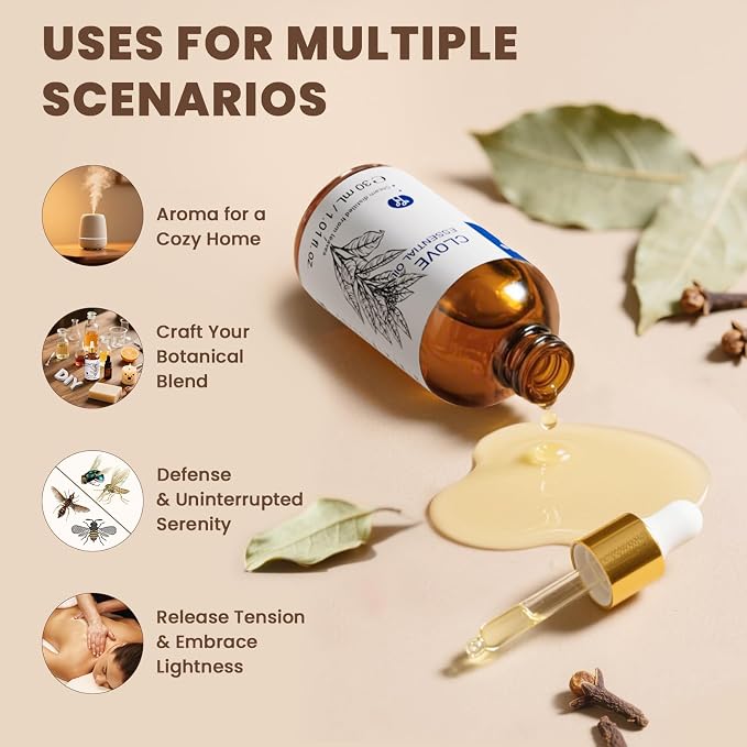HIQILI 1 Fl Oz Clove Oil for Teeth and Gums, Oral Care, DIY Clean Spray, Aromatherapy - 30ml | Creating a Warm, Comforting Scent for Home, DIY Cleaning Spray, and Homemade Vandles —30mL / 1.01 fl oz
