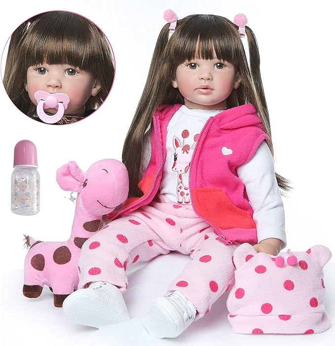 Pinky 24 inch 61cm Lovely Reborn Baby Girl Doll Reborn Toddler Realistic Looking Lifelike Baby Doll Vinyl Soft Silicone Babies Black Hair Doll Toy