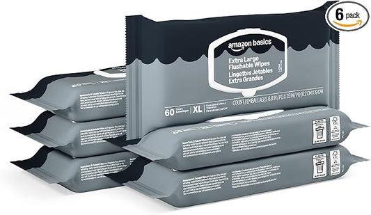 Amazon Basics Extra Large Flushable Wipes, 360 Wipes (6 Packs of 60), Adult Wet Wipes and Resealable Closure, Packaging May Vary