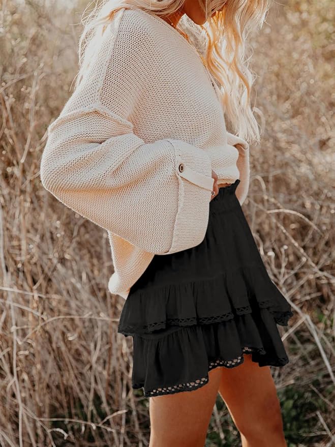 Flowy Shorts for Women Casual Boho Ruffle Tiered Skorts High Waist Mini Skirts Golf Tennis Crochet Shorts