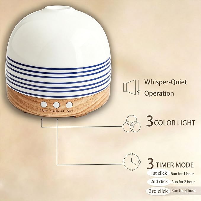300ML Essential Oil Diffuser, Handcrafted Ceramic Aromatherapy Diffusers for Large Home with Cool Mist Humidifier & Night Light for Bedroom, Office, Yoga, Spa Women Gifts,Blue Stripe