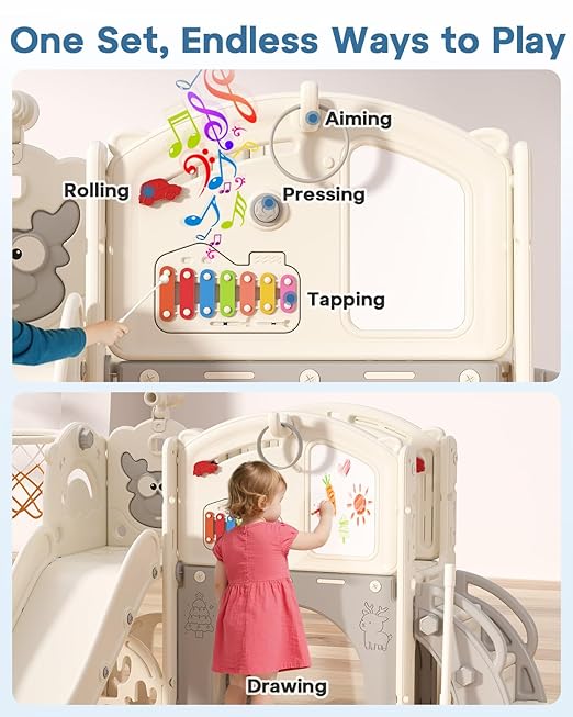 BIERUM Toddler Slide Set, 13 in 1 Kids Indoor Slide for Toddler 1-3, Indoor Outdoor Toddler Slide Playset with Basketball Hoop, Golf Game & Drawing Board, Baby Indoor Slide Playground, Cream&Gray