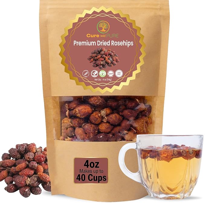 Cure wid Pure Whole Dried Rose Hips 4oz in Eco-Friendly Resealable Bag Rich in Vitamin C & Antioxidants -Non-GMO,Preservative-Free Rose Hips Dried Organic For Jams,Jellies & More