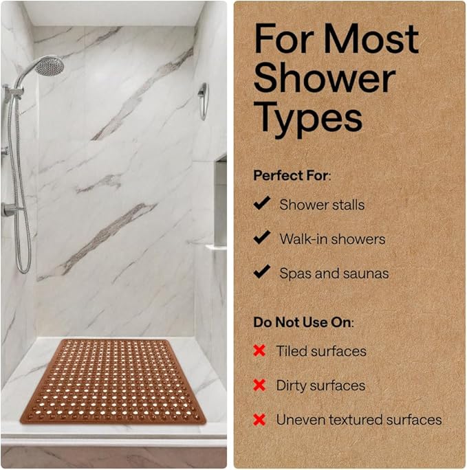 GORILLA GRIP Patented Square Shower Stall Mat, Small Bathtub Floor Mats for Stand Up Showers with Suction Cups and Drainage Holes, Machine Wash, Soft on Feet, Bathroom Accessories 21x21 Inch, Brown