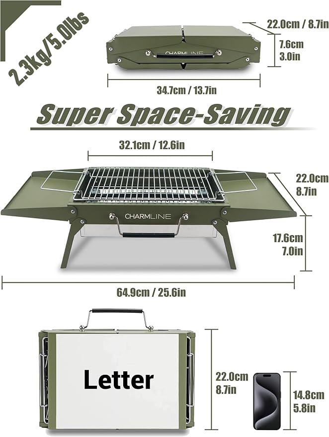 Charmline 14 x 9 inches Small Portable Charcoal BBQ Grill, Foldable Compact Camping Barbecue for 1–3 People, Ideal for Garden, Beach, Picnic & Tabletop Use, Green