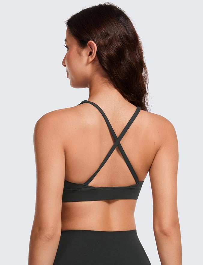 CRZ YOGA Butterluxe Deep V-Neck Sports Bras for Women - Spaghetti Strap Criss Cross Padded Top Low Coverage Wireless Yoga