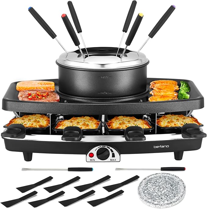 Electric Raclette Grill With Fondue Pot, 1100W Table Grill for 8 Peopl | 3-In-1 Raclette, Fondue And Grill Design, 1100W Heating, 8 Serving Pans, Adjustable Temperature for Indoor Gatherings