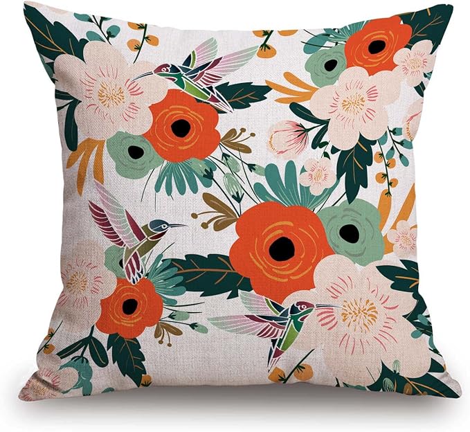 TSSOHU Flower and Hummingbird Pillow Cover Cotton Linen Spring Red Flower Green Leaves Boho Decorative Pillow Covers Cushion Cover Home Decor Pillowcase for 18x18 Inch