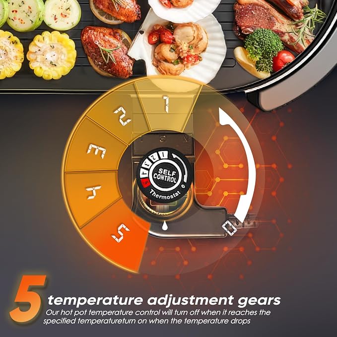 2 in 1 Electric Smokeless Hot Pot with Grill, 2200W Removable Hotpot Pot, Korean BBQ and Shabu Indoor Combo,Non-Stick Skillet Pan, Dual Adjustable Temperature, 1-6 People