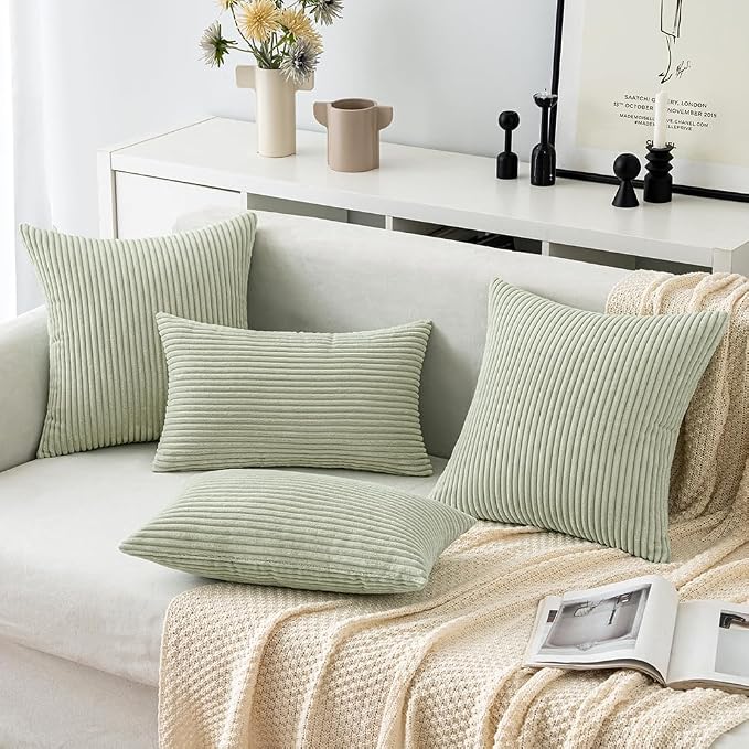 MIULEE Decorative Corduroy Throw Pillow Covers Set of 2 18x18 Light Green | Soft Striped Textured Cushion Cases, Boho Natural Greenery Pillowcases for Home Decor, for Couch Chair Sofa Bed Living Room