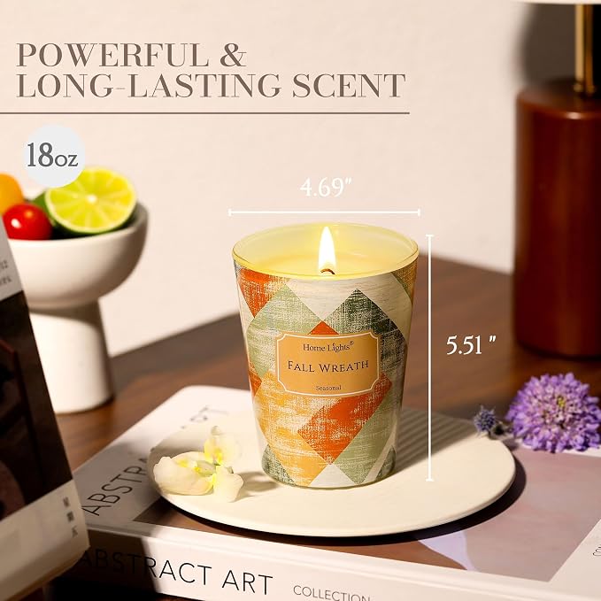 HomeLights Soy Wax Candles for Home Scented, 1-Wick Candles in Fall Wreath Scented, Rustic Modern Aromatherapy Candles Gift for Parties, Relaxing, 6.7oz