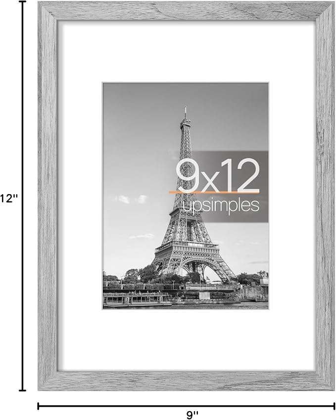 upsimples 9x12 Picture Frame, Display Pictures 6x8 with Mat or 9 x 12 Without, Wall Hanging Photo Frames, Gray, 1 Pack