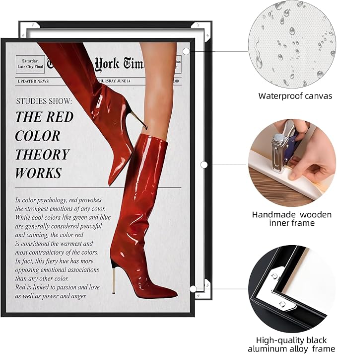 Vintage Color Theory Newspaper Poster Retro Fashion Red Boots Canvas Wall Art Funky Girl Room Decor Feminist Quote Print Wall Decor Aesthetic for Girly Bedroom Home Dorm 8x12inch Black Aluminum Frame