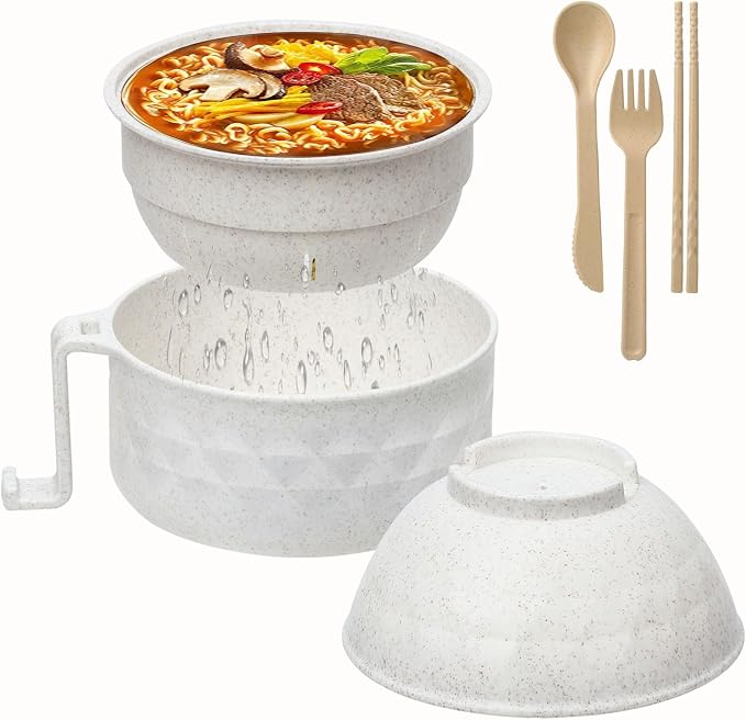 OZY Microwave Ramen Bowl，Ramen Noodle Cooker with Spoon Chopsticks Fork，Ramen Cooker with Handles，College Dorm Room Essentials，BPA-Free (Beige)