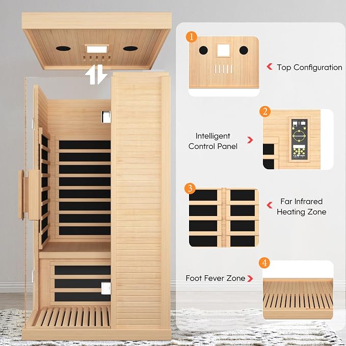 OUTEXER Sauna Room Indoor Far Infrared Saunas Home Canadian Hemlock 1450W Low-EMF Dry Saunas Single Person Spa with 7 Color Therapy 35.4 * 35.4 * 70.9inch