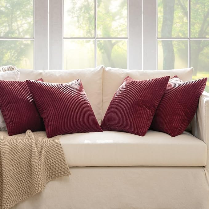 MIULEE Soft Corduroy Decorative Throw Pillow Covers Burgundy 18x18 | Set of 4, Mordern Nordic Christmas Decor, All Same Color Set, Boho Farmhouse Cushion Covers for Couch Bed Sofa Living Room