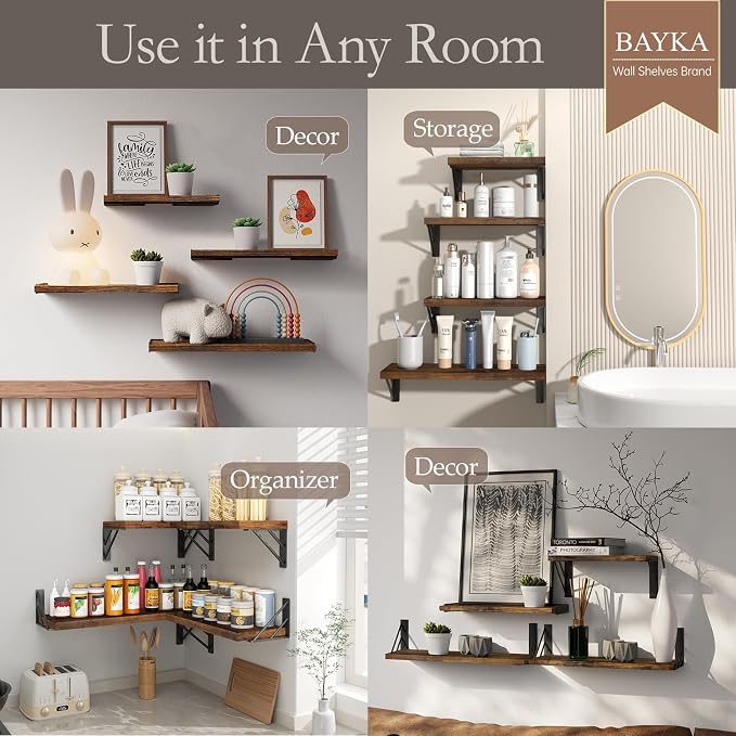 BAYKA Wall Shelves for Bathroom Decor, Floating Wall Shelves for Living Room Kitchen Storage, Mounted Rustic Wood Floating Shelves for Kids Books, Corner Shelf for Bedroom(Rustic Brown，Set of 4)