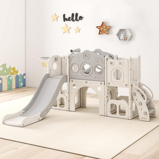 kinbor 8 in 1 Toddler Slide Set - Kids Slide with Basketball Hoop, Playset for Kids with Easy Climb Stairs & Storage, Toddler Indoor Outdoor Playground