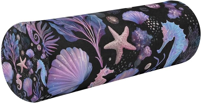 Seahorses Starfish Shells Purple Neck Roll Pillow Bolster Round Health Memory Foam Long Cervical Cylinder Pillows with Removable Washable Cover for Body Bed Legs Back Yoga