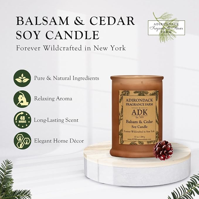 Adirondack Fragrance & Flavor Farm Balsam & Cedar Scented Candle 10 Oz | Proudly Poured in The USA, Natural Aromatherapy Wax for Relaxation, Home Décor, Kitchen, Gift and Living Spaces