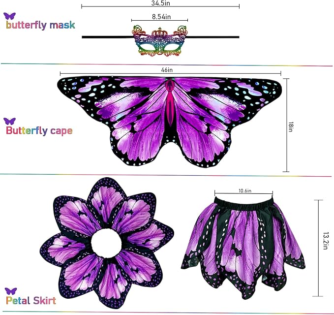 Kids Butterfly Wings Costume for Girls Fairy-Wings Toddler Dress Up Play Costumes Butterfly Skirt Set Mask Party Favors Gifts(Purple+skirt sets)