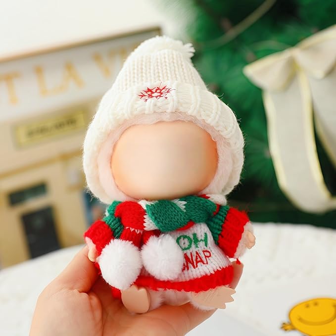 Christmas Hat Clothes for Dolls Accessories, Stylish Kawaii Festive Christmas Sweater Scarf Outfit Set 3 Pieces Suitable for 15cm 17cm Doll , Xmas Doll Clothing Set Replacement