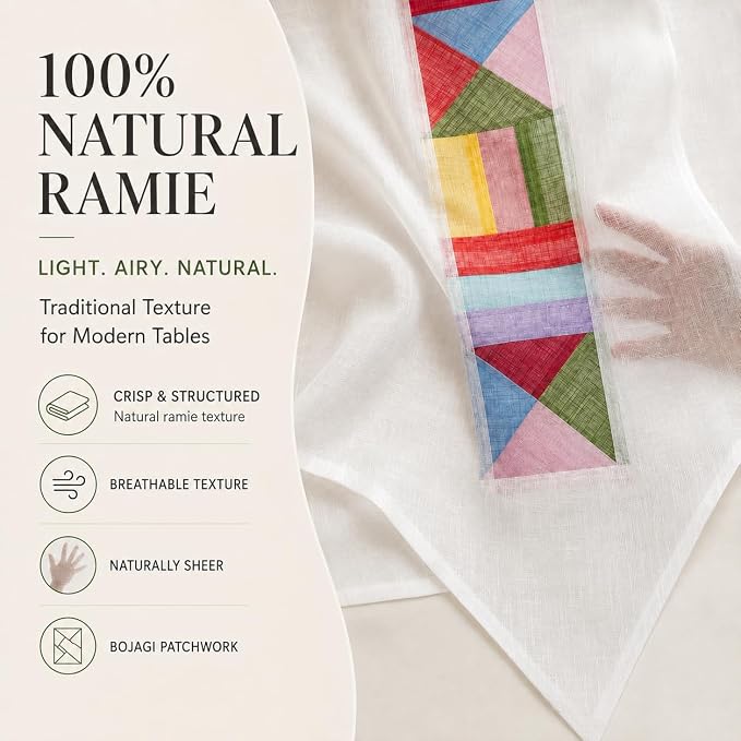 Korean Bojagi Table Runner, Ramie Patchwork Dining Decor, White, 79 x 12 in | Ramie Korean Table Runner with Bojagi Patchwork for 4-Seat Dining Tables