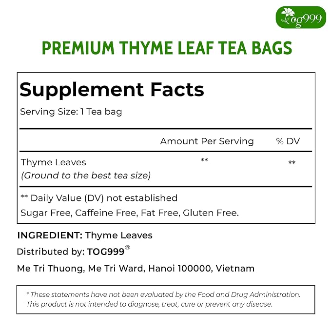 TOG999, Premium 40 Thyme Leaf Tea Bags, 100% Natural & Pure Thyme Leaves. Loose Leaf Thyme Herbal Tea. Thyme Leaf Tea. No Sugar, No Caffeine, No Gluten, Vegan.