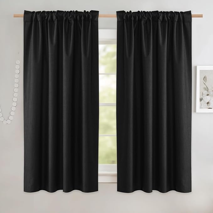 NICETOWN Black Truly Blackout Linen Blend Flax Drapes for Office, Vintage Back Tab 100% Blackout Curtains with White Liner Backing for Kitchen Dorm Window（Set of 2, 52" Wide x 63" Long