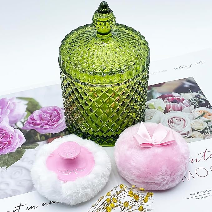 Luxury 4.2 Inch Glass Powder Container with 2 Plush Puffs｜Body Powder Puff with Jar (Pointed Cylinder-Olive Green-Large)