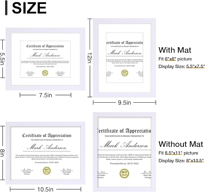 Vittanly 8.5x11 Picture Frames Set of 9, Shatter Resistant Plexiglass, Display 6x8 Pictures with Mat or 8.5x11 without Mat, Photo Frames for Wall or Tabletop, Engineered Wood, White