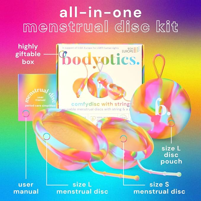 Bodyotics Reusable Menstrual Disc - 2 Pack (S & L), Proud | Leak-Proof Alternative to Cups, Tampons & Pads for Light or Heavy Flow; Body-Safe Silicone with 12 Hour Wear