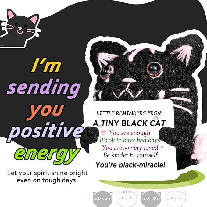 AICase Positive Black Cat Crochet Animals Emotional Support Nuggets Inspirational Knitted Unique Small Fanny Decorations Present Birthday Gifts for Women Men Her Him Sister Mom Dad Girls Boys Fans