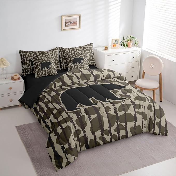 Feelyou Camouflage Camo Bear Comforter Set with Sheets 7 Piece Twin Size Cute Hunting Wild Animal Deer Bedding Set for Kids Boys Girls Rustic Farmhouse Bed in a Bag Decor Soft Lightweight Microfiber
