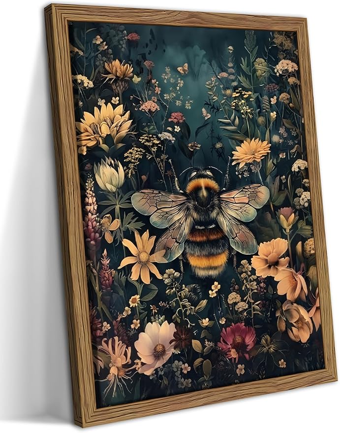 Vintage Framed Wall Art Bee Canvas Prints, Dark College Animals Flowers Wall Decor, Nature Botanical Pictures Art Home Decor for Living Room Bedroom – Dark Wooden Frame 12x16in
