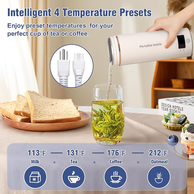 Travel Electric Kettle Portable Mini Kettle,Small Hot Water Boiler with 4 Temperature Settings,304 Stainless Steel,Fast Boiling Water with Auto Shut-Off and Boil Dry Protection,400ml (Beige, 400ML)