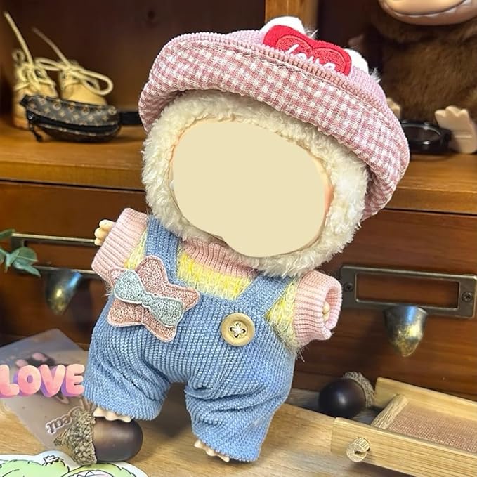 Clothes for LABUBU, Hat & Overalls Set for 17/15cm Accessories Suit, Cute Clothes for Dress up Unique Style (Pink Love Heart)