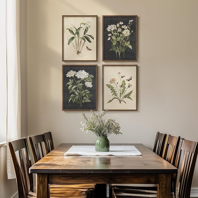 Framed Vintage Botanical Floral Wall Art for Bedroom, 4 Piece 11x14 In | Farmhouse wall decor, Flower pictures, Rustic retro paintings, Ready to hang canvas prints, Kitchen bedroom living room decor