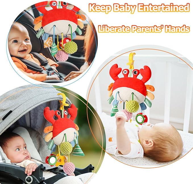 Baby Activity Hanging Toy, Soft Plush Crab Sensory Toys with Rattle ＆ Textures, Baby Stroller Toy, Toy for Car Seat and Crib, Early Educational Toys for Infant Boys and Girls