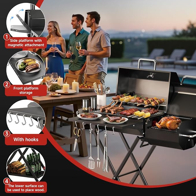 Portable Charcoal Grill with Smoking Function, Foldable Suitcase Design with Wheels, Multi-Tier Storage Rack & Waterproof Cover for Outdoor BBQ Parties (Black)