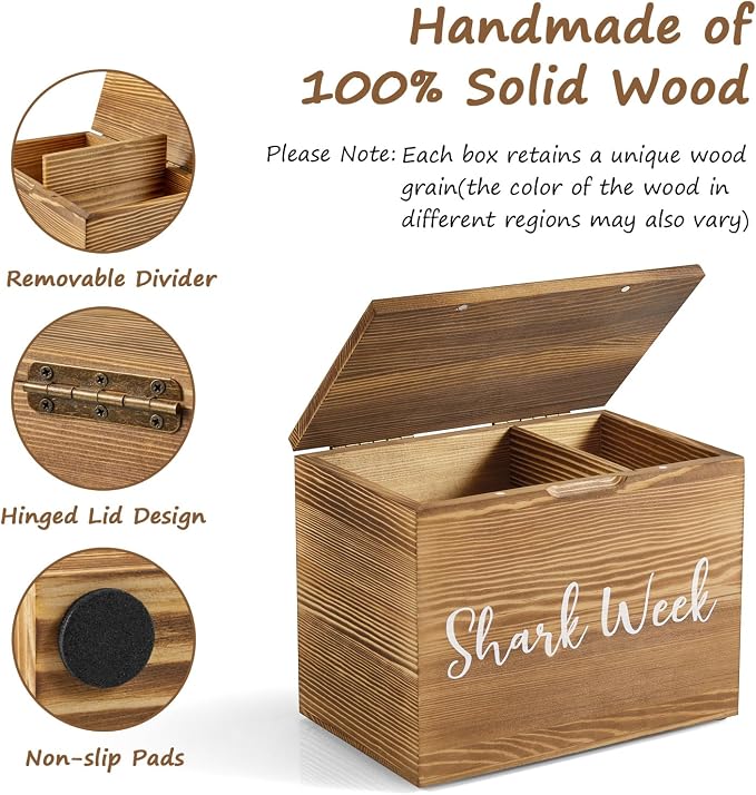 Tampon Holder for Bathroom Decor, Wood Feminine Product Organizer with Lid, Shark Week Tampon Storage, Pad and Tampon Organizer, Brown
