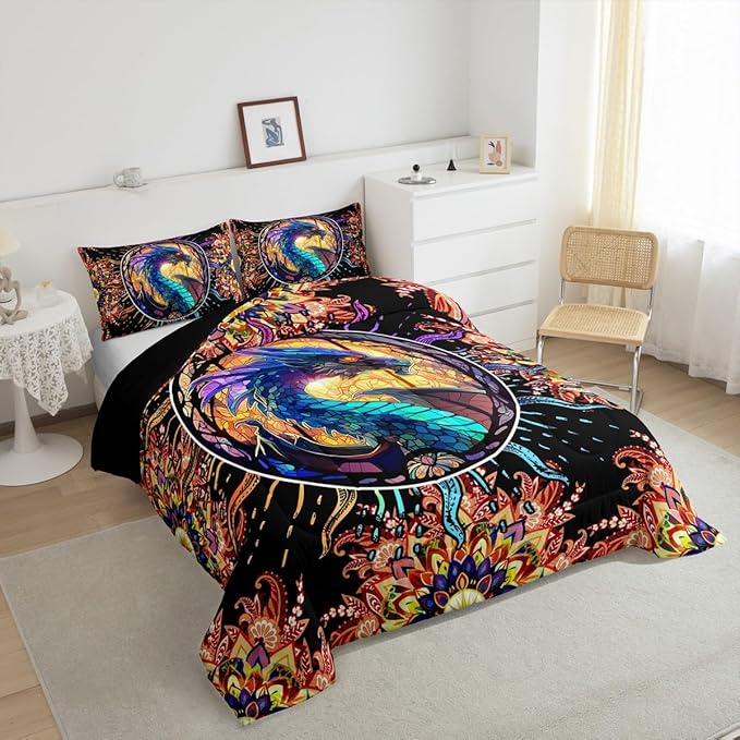 Feelyou Dragon Comforter Set Toddler Size Dragon Stuff Comforter for Boys Girls Teens 3D Print Animal Bedding Set Dragon Decor Duvet Set Room Decor Golden Quilt Set