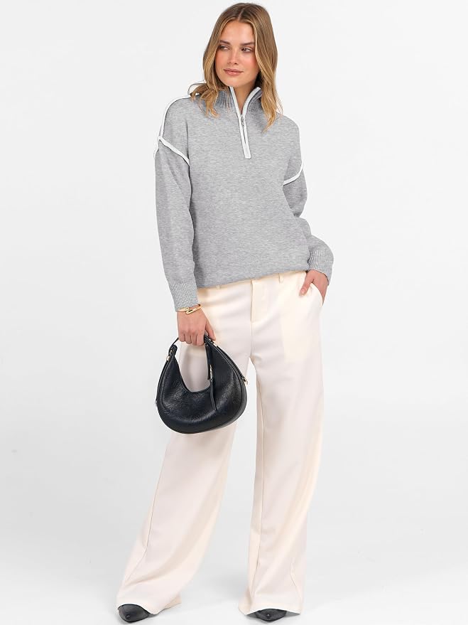 ANRABESS Womens Quarter Zip Sweaters Fall Long Sleeve V Neck Shirts Collared Business Casual Tops Knit Pullover Sweatshirts