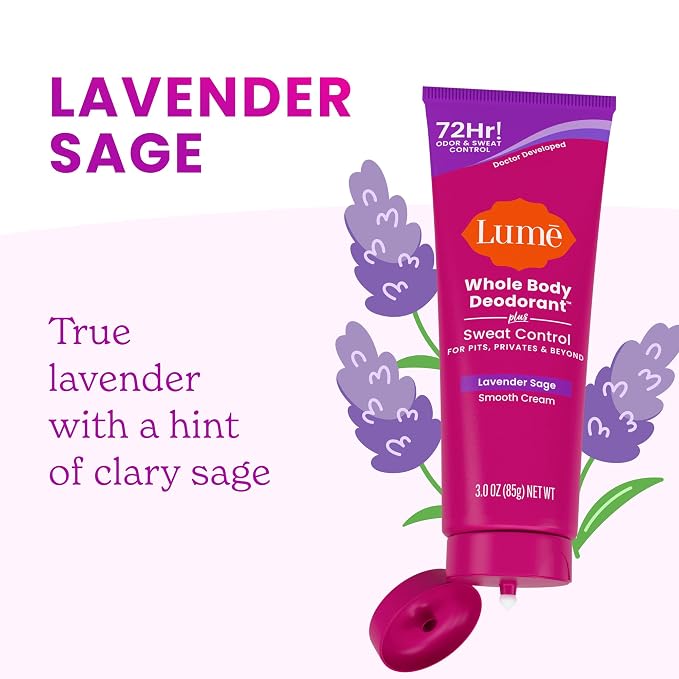 Lume Whole Body Deodorant Plus Sweat Control - Smooth Cream Tube - 72 Hour Odor And Sweat Control - Baking Soda Free, Skin Loving - 3.0 ounce (Lavender Sage)