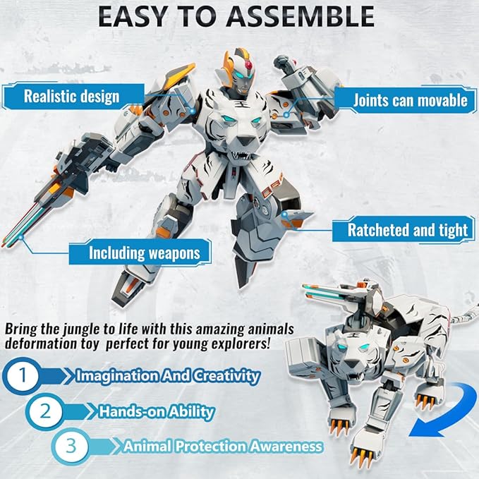 Wenbeier Animal Transforming Robot Toys 10 Inches Tiger Action Figure for Kids Deformation Assembly Robot for Boys & Girls Ages 6 7 8 9 10