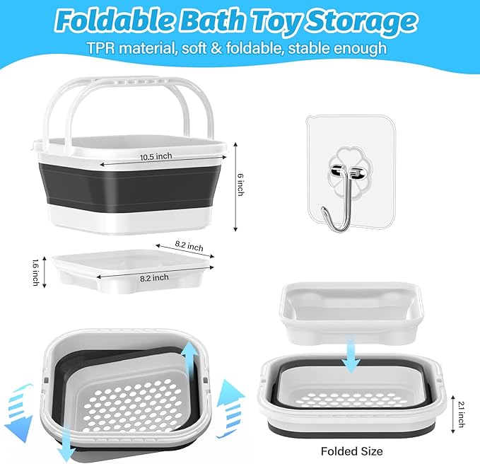 Anivia Foldable-Bath-Toy-Storage-Organizer, Bath Toy Holder with Removable Base, Quick-Drain-Drying Bathtub Toy Storage/Basket, Stand Up Bathroom Shower Toys Holder for Kids - Black